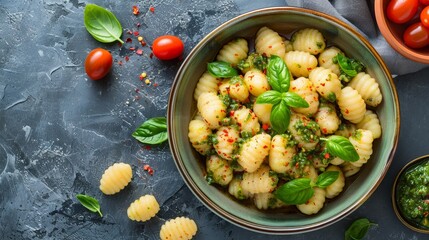 Top view image of gnocchi served with a choice of pesto or tomato sauce, focused for a high-end culinary ad, on an isolated background - obrazy, fototapety, plakaty