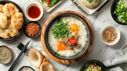 Top view image capturing the simplicity and comfort of Congee, served with a variety of toppings like preserved eggs, isolated background, studio lighting