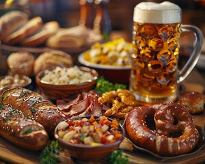 A hearty German feast, with sausages, sauerkraut, and pretzels, served alongside steins of beer and traditional German desserts  8K , high-resolution, ultra HD,up32K HD - obrazy, fototapety, plakaty