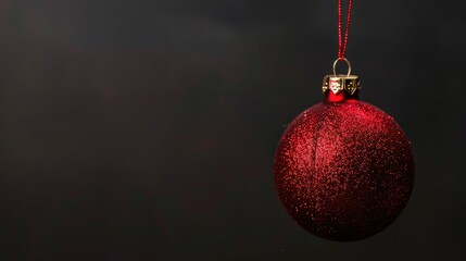 Red Christmas Ball on the Black Background. Greeting Card with Space for Your Text