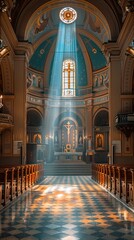 Fototapeta premium A photo essay documenting the various ways crepuscular rays interact with the architecture and decor of different churches 8K , high-resolution, ultra HD,up32K HD
