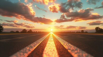Sun rising sky and asphalt highway use as traveling and journey background