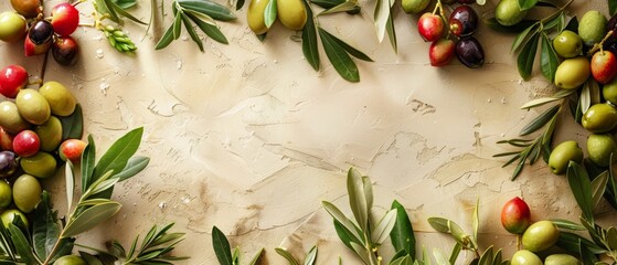 Mediterranean summer feast sales banner, border of olives and vine leaves, Mediterranean flavors colors, feast on deals copy space - obrazy, fototapety, plakaty