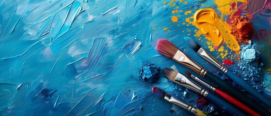Minimalist summer art supplies sale, border of paint brushes and palettes, bright colors,