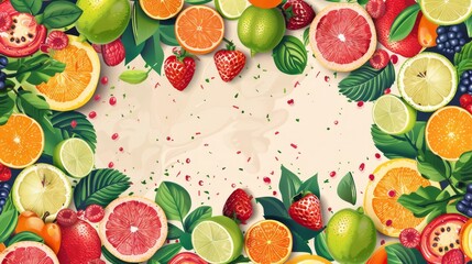 Banner with a border of summer fruits, juicy theme summer sales, bright reds and greens, tasty design