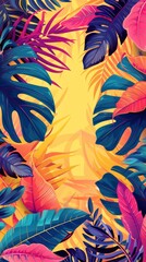 Vibrant summer sales banner, abstract tropical foliage in pop art style, bold contrasts, pop art inspired copy space