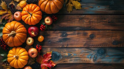 Thanksgiving background with autumn pumpkins and fruits on wooden table. Top view, autumn concept with copy space