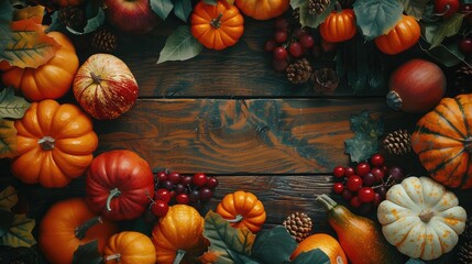 Thanksgiving background with autumn pumpkins and fruits on wooden table. Top view, autumn concept with copy space