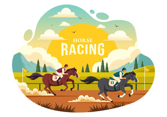 Horse Racing Competition Vector Illustration with Equestrian Performance Sport and Rider or Jockeys in a Racecourse on Flat Cartoon Background