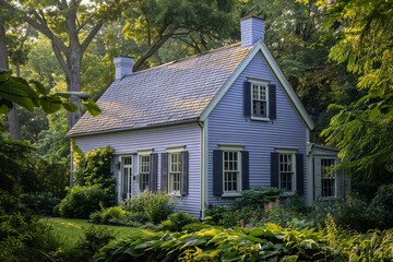 An inviting lavender gray house surrounded by lush greenery, its pale blue siding catching the sunlight in a mesmerizing display. - obrazy, fototapety, plakaty