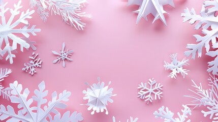Traditional paper 3D snowflakes on pastel pink background. Winter handmade, DIY activity. Festive elements for decorating home to Christmas holiday. Place for text