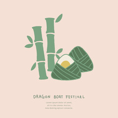 Dragon Boat Festival template with hand drawn zongzi and bamboo illustration.