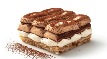 Fototapeta na wymiar Sophisticated top view of Tiramisu, with distinct layers of flavored ladyfingers and mascarpone, a dessert classic, on an isolated white background