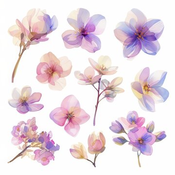 Watercolor painted gloxinias, a serene collection of spring flowers, vivid and detailed, isolated on white --ar 1:1 --niji 6 Job ID: e6c427bb-2a33-45cb-97e0-20627908c2d0