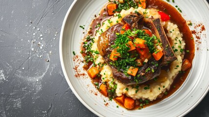 Showcase of Osso Buco from above, veal shanks slow-cooked with a medley of vegetables and broth, beautifully plated with gremolata and Risotto Milanese, pristine studio backdrop