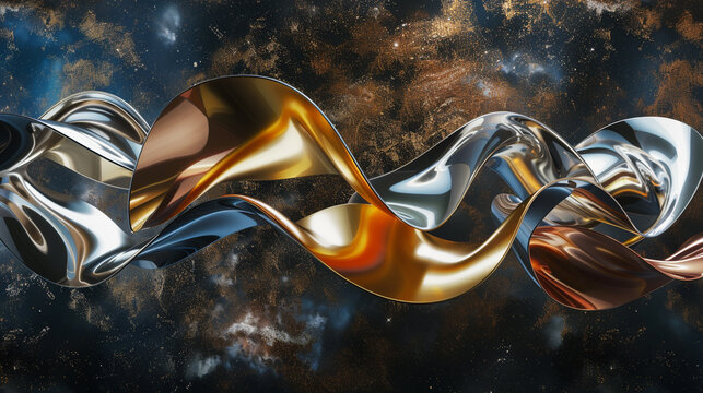 A 3D abstract sculpture of twisted ribbons floating in space, rendered in a metallic texture with reflective surfaces of gold, silver, and copper.