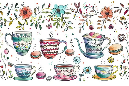 Cartoon cute doodles of a whimsical tea party with colorful teacups, macarons, and floral arrangements, Generative AI