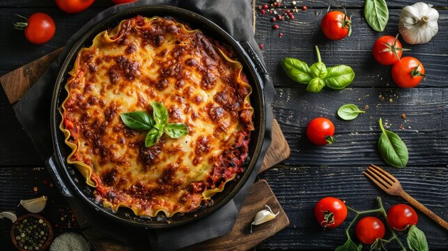 Savory top view of lasagna with a rich composition of tomato sauce, bechamel, and hearty meats, adorned with melted cheeses, isolated background, studio lighting