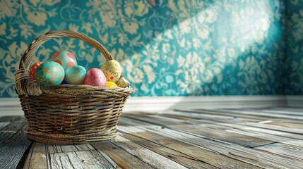 Wicker full easter eggs in room with blue vintage wall paper and wooden floor