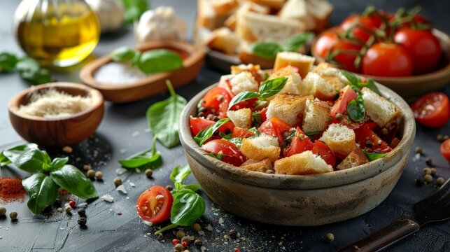 Rustic Italian comfort food scene featuring Panzanella salad, highlighting ingredients like stale bread soaked in olive oil, tomatoes, and basil, isolated backdrop