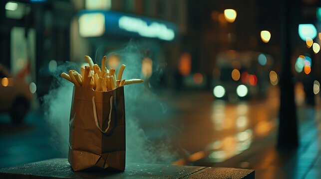 A paper bag filled with steaming fries, its sides greased with flavor, awaits its hungry owner on a busy street corner