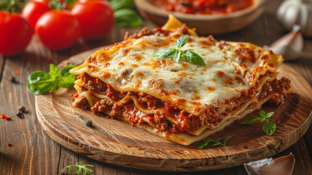 Rustic and inviting image of a hearty slice of lasagna with melting cheeses and meaty sauce, capturing the essence of Italian comfort food, on a plain backdrop