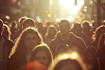 Crowd of people walking in Manhattan at sunset