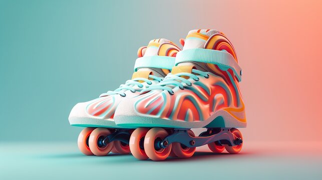 An illustration depicted vivid roller skate shoes over geometric motif 3d abstract vivid backdrop and space, Generative AI.