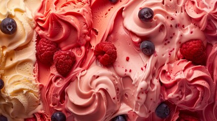Luxurious top view of gelato with swirls of rich fruit flavors, illustrating the creamy and smooth texture, set against an isolated backdrop, studio lighting