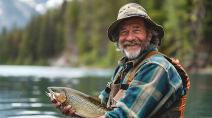 Fototapeta premium Close up portrait of smiling adult man in canoe holding salmon fish in middle of lake