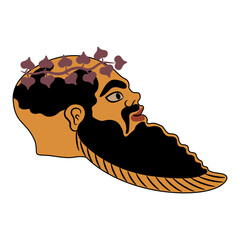 Head in profile of a bearded ancient Greek Satyr wearing ivy wreath. Vase painting style. Isolated vector illustration. - obrazy, fototapety, plakaty