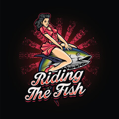 A woman riding a fish vintage style illustration for t-shirt