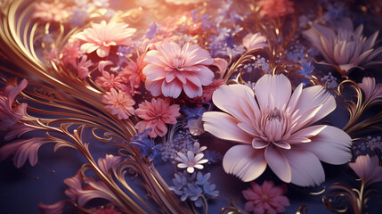 3D Illustration visualizes Baroque-style floral decorations, rich texture, defocused, clean concept visual composition - 793523910