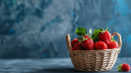 Ripe strawberries with vibrant green leaves in a rustic wicker basket against a blue background.