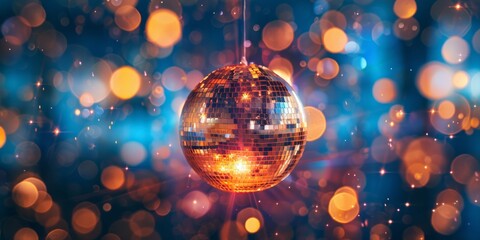 A dazzling disco ball reflects lights amidst a sea of blue bokeh, creating a festive atmosphere.