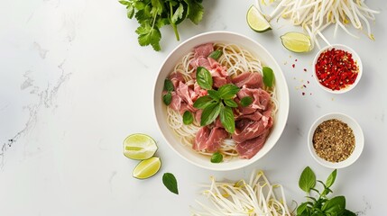 Gourmet top-down image of Pho with both beef and chicken options, fresh herbs, lime wedges, sprouts, isolated on a minimalist background