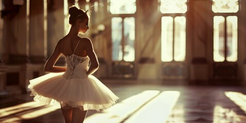 A solitary ballerina stands poised in a beam of sunlight filtering through large windows of a grand hall.
