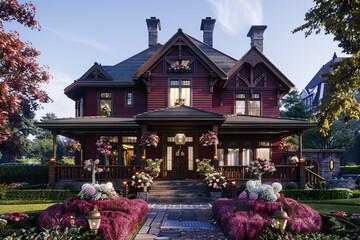 A luxurious burgundy craftsman cottage style home, with a triple pitched roof, enhanced by exquisite floral arrangements and a beautifully crafted entrance walkway, 