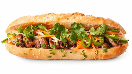 Gourmet shot of a Banh Mi, Vietnamese sandwich with crusty French baguette, grilled pork, pickled vegetables, cilantro, jalapenos, and pate, isolated background