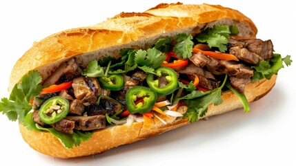 Gourmet shot of a Banh Mi, Vietnamese sandwich with crusty French baguette, grilled pork, pickled vegetables, cilantro, jalapenos, and pate, isolated background