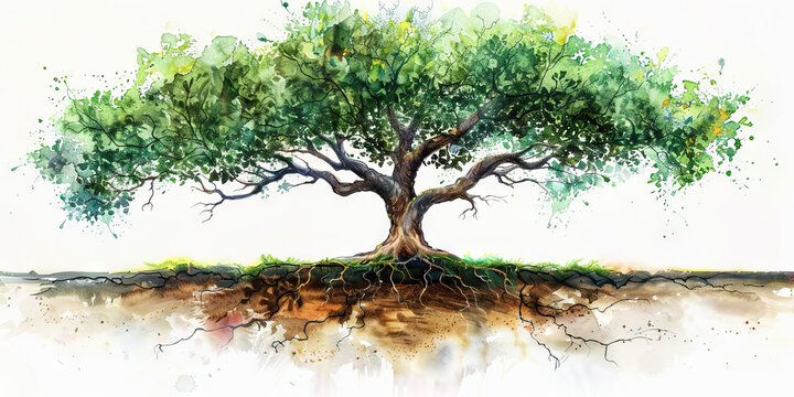 Spiritual Heritage: The Roots and Towering Tree - Visualize the roots of a tree representing the foundation laid by a deceased leader, with the tree towering above symbolizing their enduring legacy