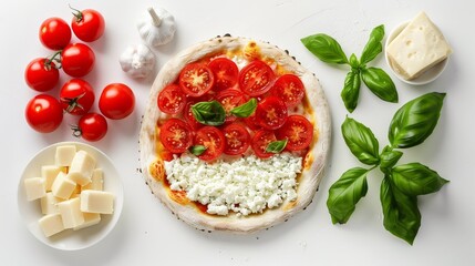 Gourmet Pizza Margherita from above, with ingredients laid out to represent the Italian flag: red tomatoes, white cheese, green basil, on an isolated background