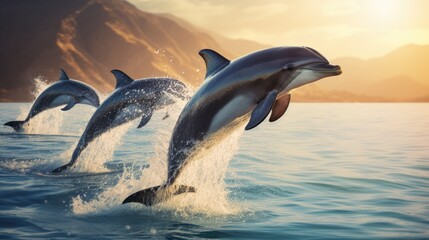 Obraz premium A playful dolphin leaps out of the blue sea, its body glistening in the sunlight
