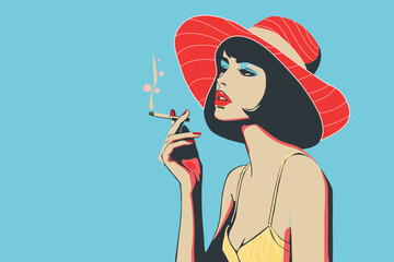 pop art design, single woman - man, relaxing , smoking cigarette, summer - spring , fashion wall decoration 