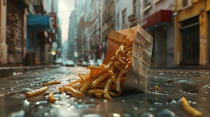 A paper bag overstuffed with hot fries, its corners damp with grease, left behind on a bustling...