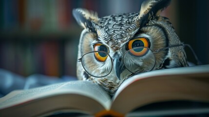 A studious owl with spectacles perched on an open book, evoking themes of wisdom and learning.