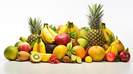Assorted fresh fruits and vegetables on white background