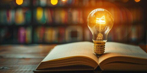 A glowing light bulb stands on an open book, symbolizing ideas and education against a blurred bookshelf background.