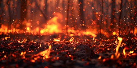 A mesmerizing scene of sparks and embers rising in a dark forest at twilight, conveying warmth and danger.