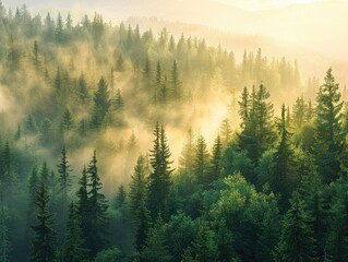 Alpine Glow - Beauty - Misty Morning - Sunlight filtering through dense forest onto a mountain slope